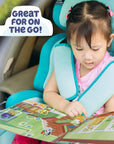 Toddler girl using Bluey Sticker Playset in car seat; great on-the-go travel activity for kids ages 3+; portable Bluey sticker book