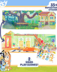 Bluey Sticker Playset infographic showing 2-sided play scenes — backyard and Heeler house interior — with 35+ repositionable puffy stickers