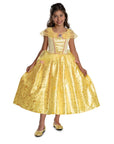 Girl wearing Disney Belle prestige costume dress full front view with gold foil skirt and organza collar; Beauty and the Beast girls' costume dress