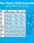 Disguise Costume Brand Child costume size chart for Disney Belle prestige dress: XS (3T–4T), S (4–6X), M (7–8), L (10–12) with chest, waist, height measurements