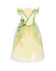 Disney Princess Tiana costume dress with green satin bodice, gold trim, lily pad cameo, and yellow iridescent foil organza skirt