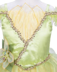Princess Tiana costume dress bodice with green satin, gold sequin trim, organza leaf sleeves, and lily pad cameo; Disney Princess Signature Collection