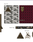 Harry Potter Dark Arts Gift Wrap Set contents layout showing two foil wrapping paper sheets in black with gold spell symbols and brown with gold Deathly Hallows motif, three non-foil sheets in Wanted poster, deep red damask, and cream patronus designs, a Dark Arts themed washi tape roll printed with Expecto Patronum, Reducto, Riddikulus, and Defense Against the Dark Arts, plus three shaped foil gift card tags — all pieces from the Wizarding World licensed Harry Potter party gift wrapping set