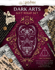 Harry Potter Dark Arts Gift Wrap Set by Insight Editions — officially licensed Wizarding World party gift wrapping set with Death Eater mask on deep burgundy damask packaging; includes 5 wrapping paper sheets (2 foil at 20" x 38.25" and 3 full color at 30" x 38.25"), 12 foil die-cut gift tags in 3 designs, 10 wax sticker seals, 16 ft Dark Arts washi tape, 50 ft ornamental string, and 18 tissue sheets in black, ivory, and metallic gold; suitable for Harry Potter birthday parties, Halloween, holidays, and Wiz