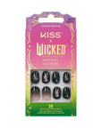 Kiss x Wicked For Good limited edition Own Your Power Elphaba themed glow-in-the-dark press-on nail kit packaging; 28 black oval short fake nails with glue included
