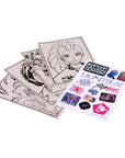 Kpop Demon Hunters colouring pages fanned out with sticker sheet showing Huntrix and Saja Boys logos