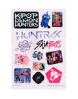 Kpop Demon Hunters sticker sheet with Huntrix and Saja Boys logos, Derpy the tiger, and kpop demon hunters character stickers