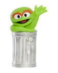 Sesame Street Oscar the Grouch mini figurine, green monster peeking from silver trash can with arm raised, 2.5 inch plastic collectible