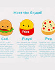 Back of Squishmallows 3-pack Squish Pens packaging showing Carl, Floyd, and Pep character bios; officially licensed Jazwares novelty pens