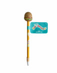 Squishmallows Carl the Cheeseburger squishy topper pen with yellow barrel; fun novelty ballpoint pen for kids' birthdays and school