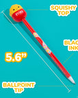Squishmallows Floyd French Fry pen infographic showing 5.6" length, squishy topper, black ink, and ballpoint tip on teal background