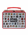 Star Wars metal lunch box front panel with cartoon icon grid of heroes, villains, and droids including Yoda, Boba Fett, Luke Skywalker, Darth Vader, and Stormtroopers