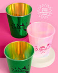 Wicked green and pink iridescent party cups overhead angle showing Unlimited witch and Popular crown designs