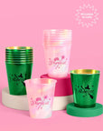 Wicked party cups 16 pack with pink iridescent Popular and green metallic Unlimited cups with crown and witch hat designs