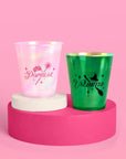 Wicked cup pair showing pink iridescent Popular cup with crown and green metallic Unlimited cup with witch hat and broom