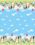 The Bluey Clouds Table Cover, part of the Bluey Collection, features Bluey and Bingo in a park with balloon and grass borders, plus a blue sky with clouds in the center. Perfect for themed parties!.