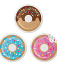 A set of three paper plates with colorful doughnut designs on each.
