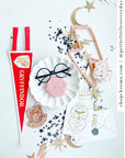 Harry Potter party supplies flatlay featuring Gryffindor pennant banner, round Harry Potter glasses, custom Harry Potter Cookies, wizard banner, potion napkins and Hogwarts themed party favours for magical birthday celebration