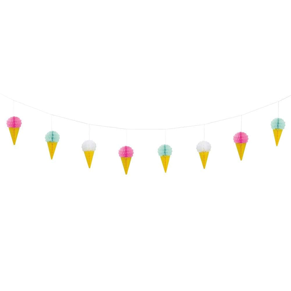 Colourful ice cream cone garland banner party decoration with pastel pink blue white honeycomb paper cones on string for birthday party supplies