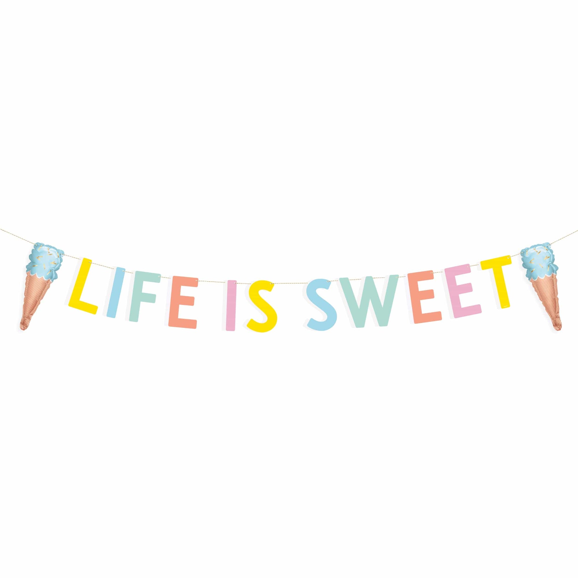 Life is Sweet pastel letter banner garland with ice cream cone balloon ends mint coral yellow party decoration for birthday celebration supplies
