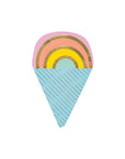 Rainbow ice cream cone shaped paper napkin with pastel stripes and gold foil accents for dessert themed birthday party supplies