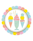 Ice cream themed paper plates with colourful cone sundae designs and scalloped rainbow edge for birthday party tableware supplies