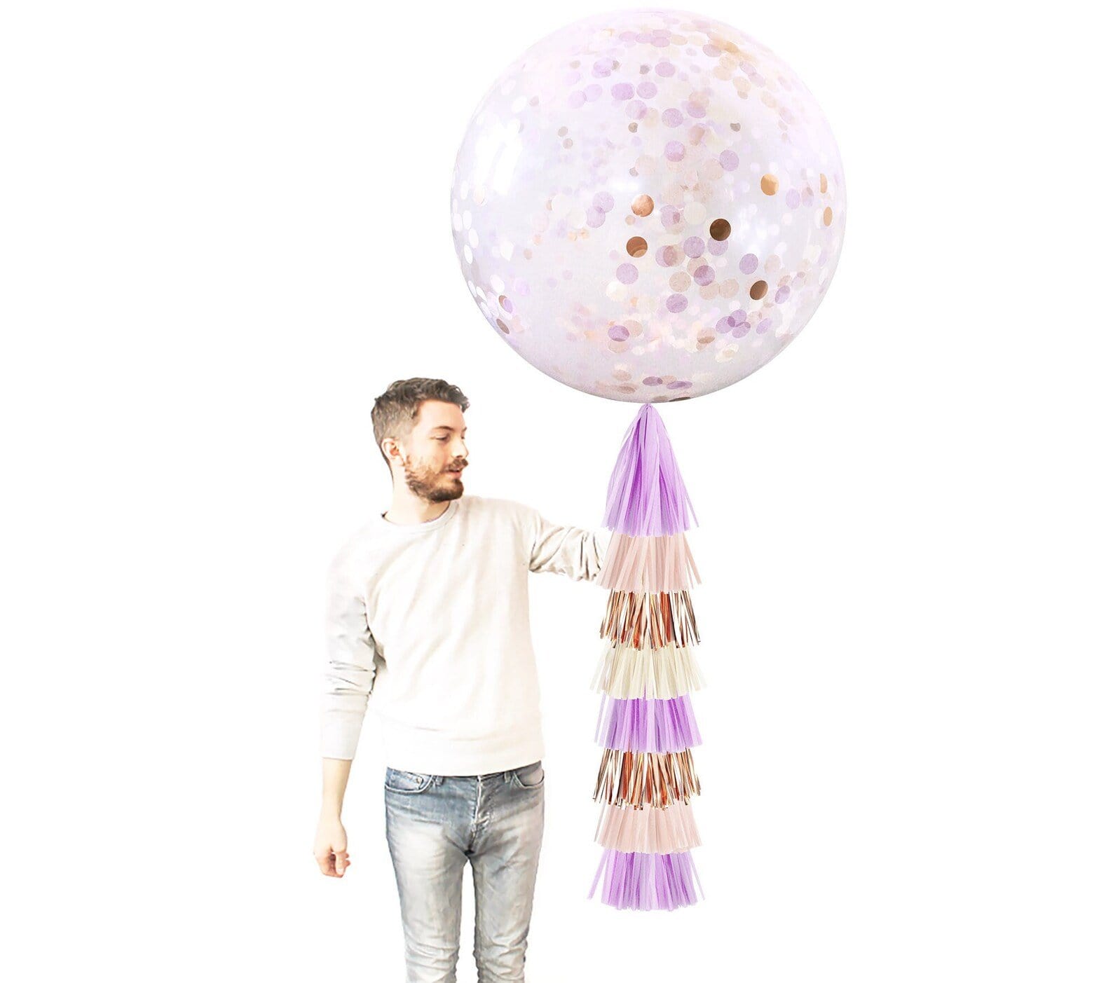 Kit de ballons à confettis géants avec queue à pampilles - Lilas et or rose