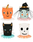 Retro Witch, Black Cat, Jack O'Lantern, and Skeleton Cups
