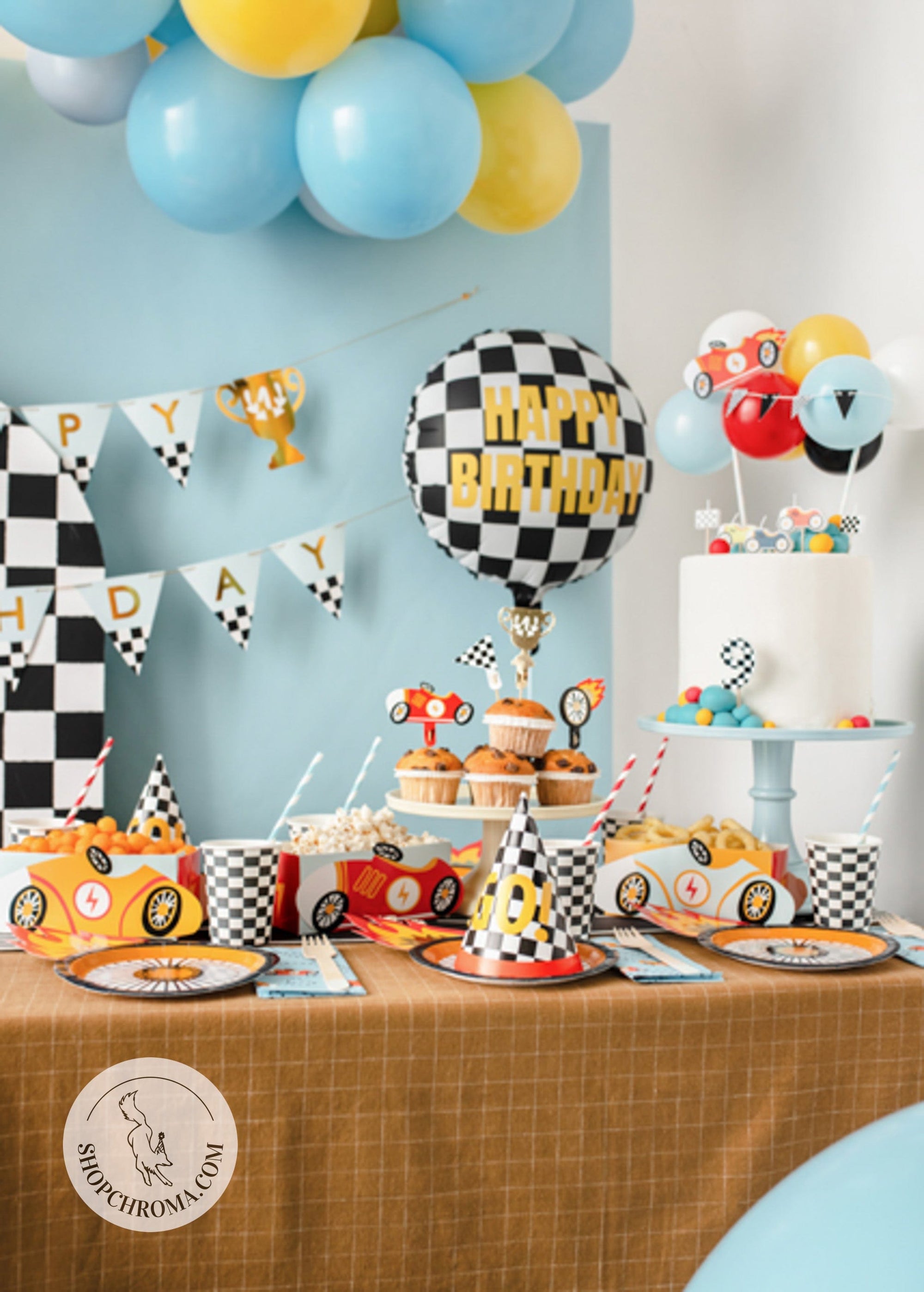 Racing car birthday party supplies with tire wheel plates checkered flag decorations - complete race car themed party tableware set for kids celebration