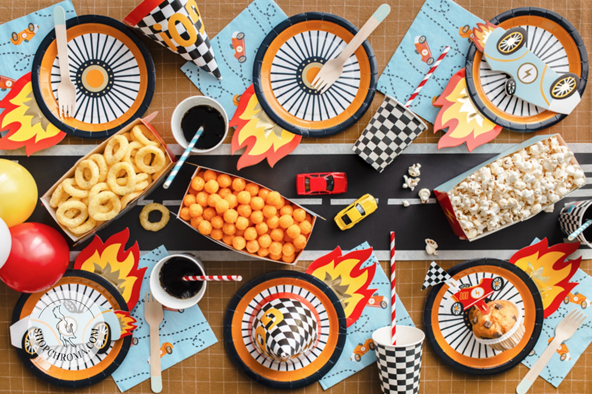 Racing tire paper plates with flame design checkered cups car party favors - race car birthday party tableware set with racing track theme