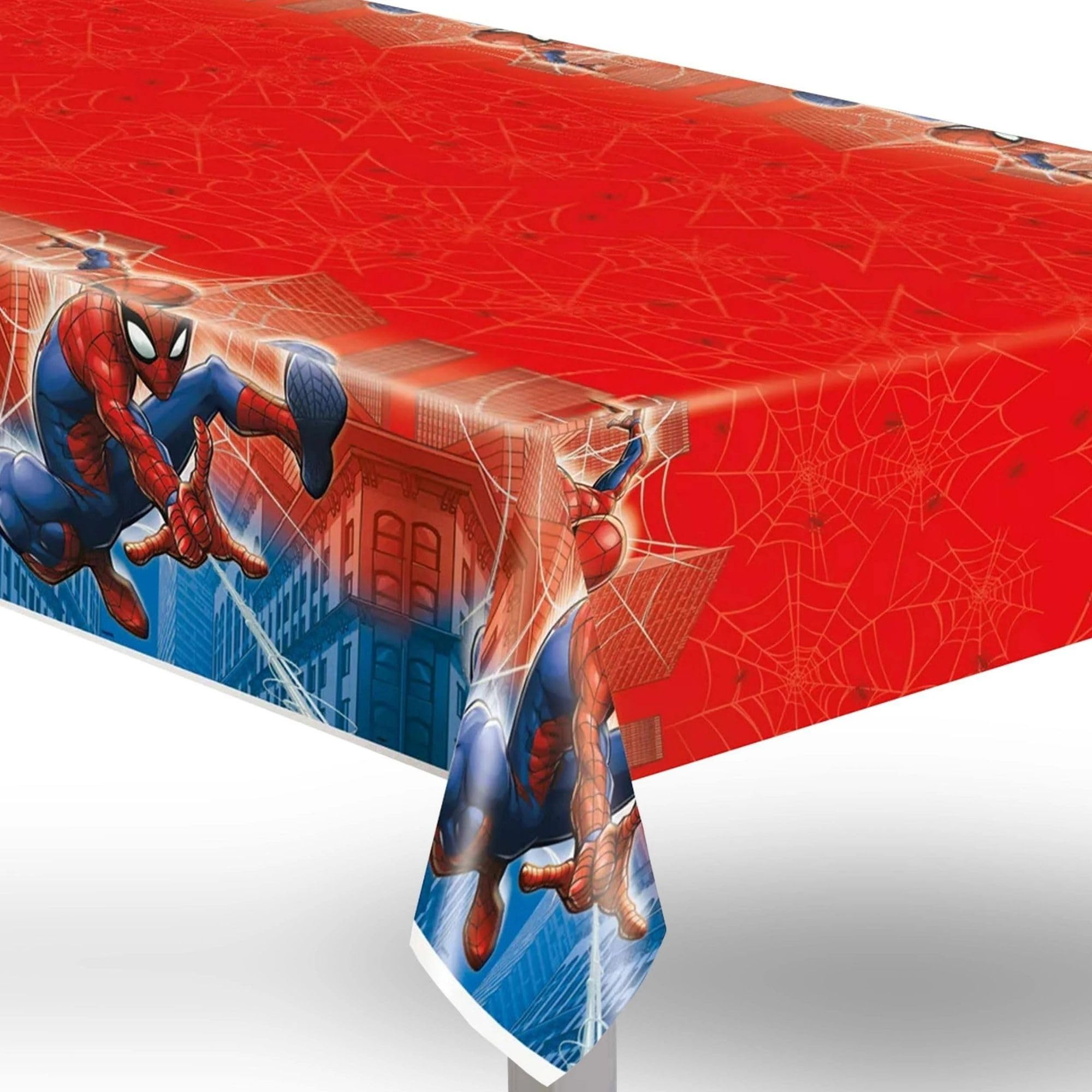 A disposable plastic table cover featuring an officially licensed Marvel Spider-man and city skyline design along the border and a red and white web pattern in the center.