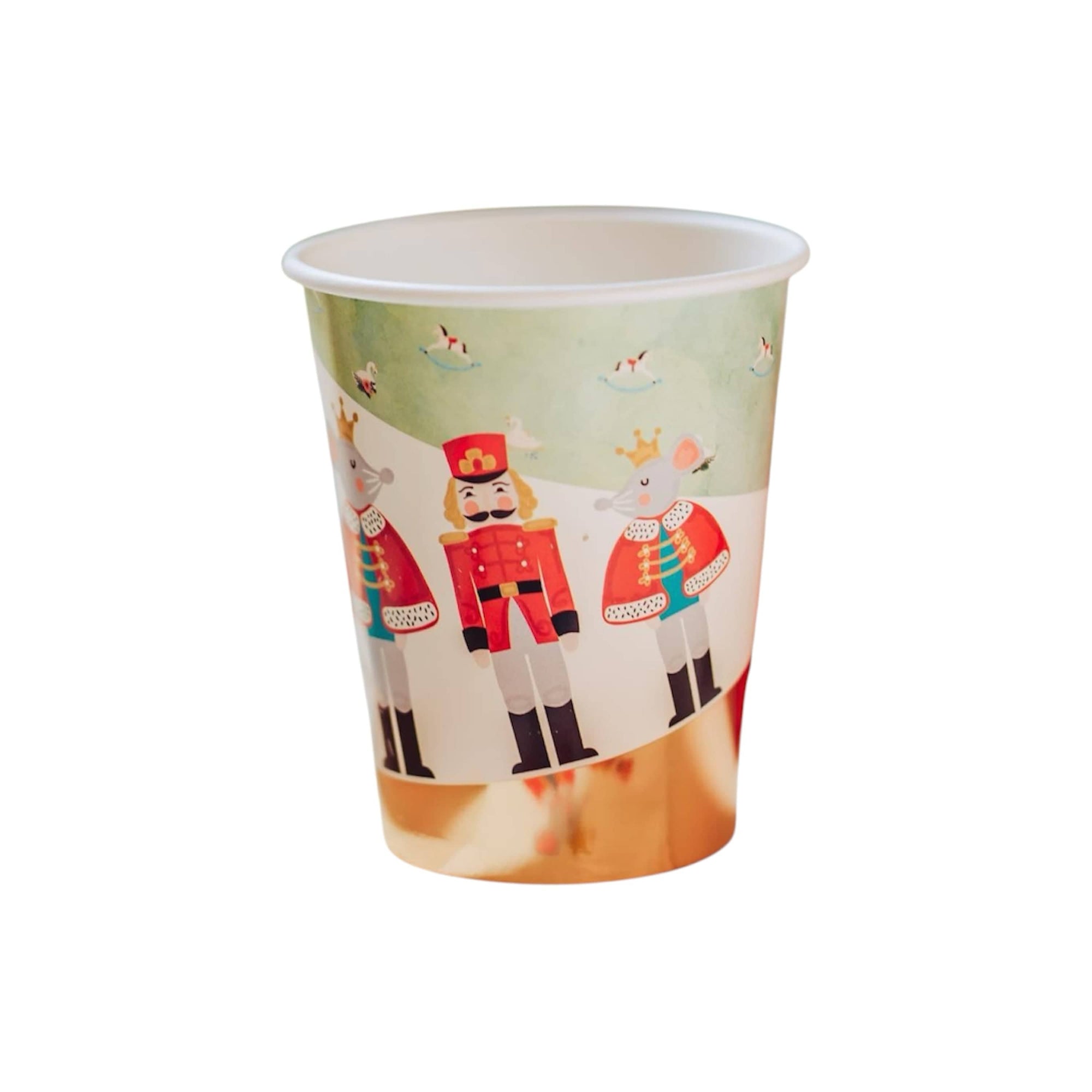 Paper cup with nutcracker design on a white background