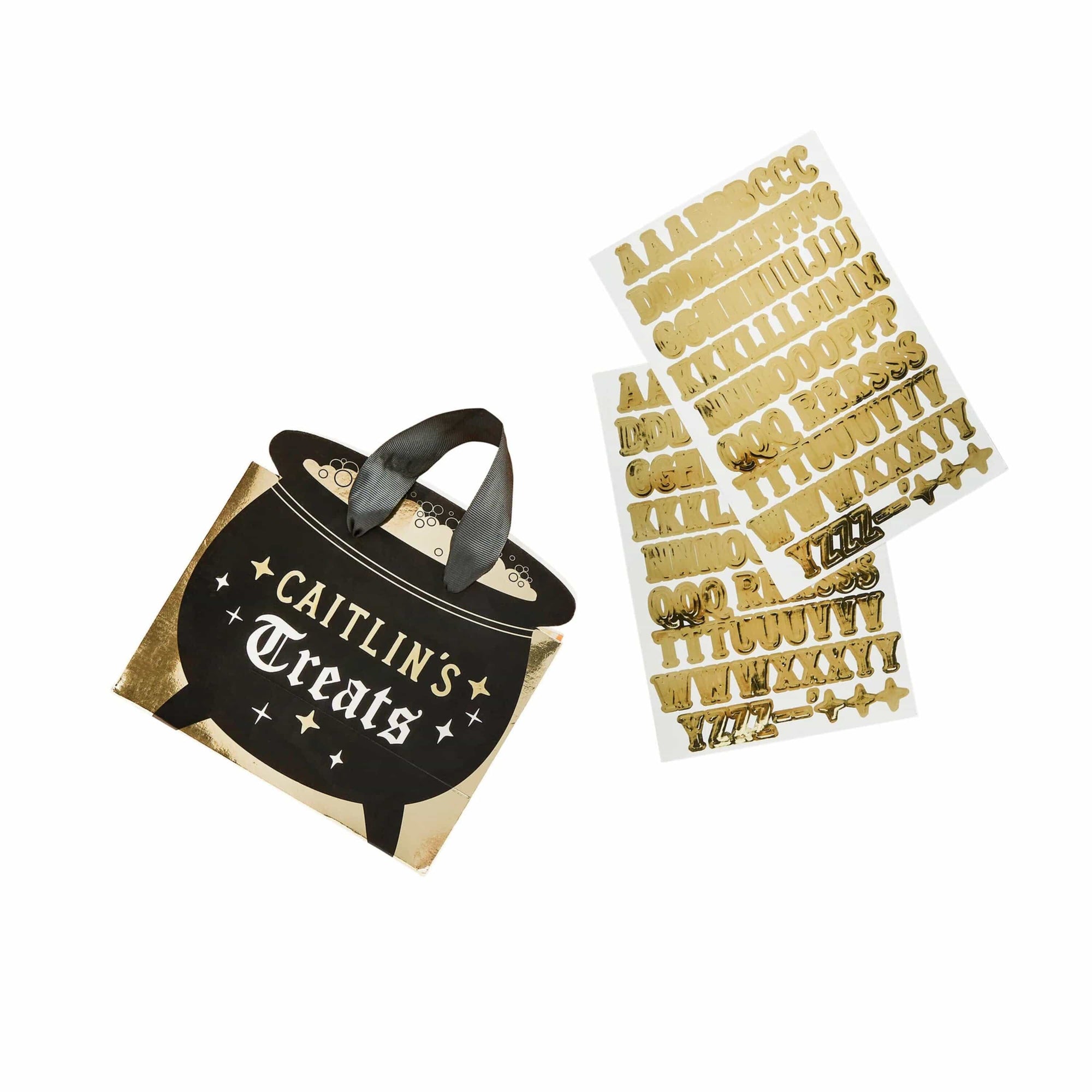 Hootyballoo customizable cauldron favour bag with complete gold alphabet sticker sheet for DIY personalization, perfect for Halloween party supplies, witch themed parties, and custom party favour bags