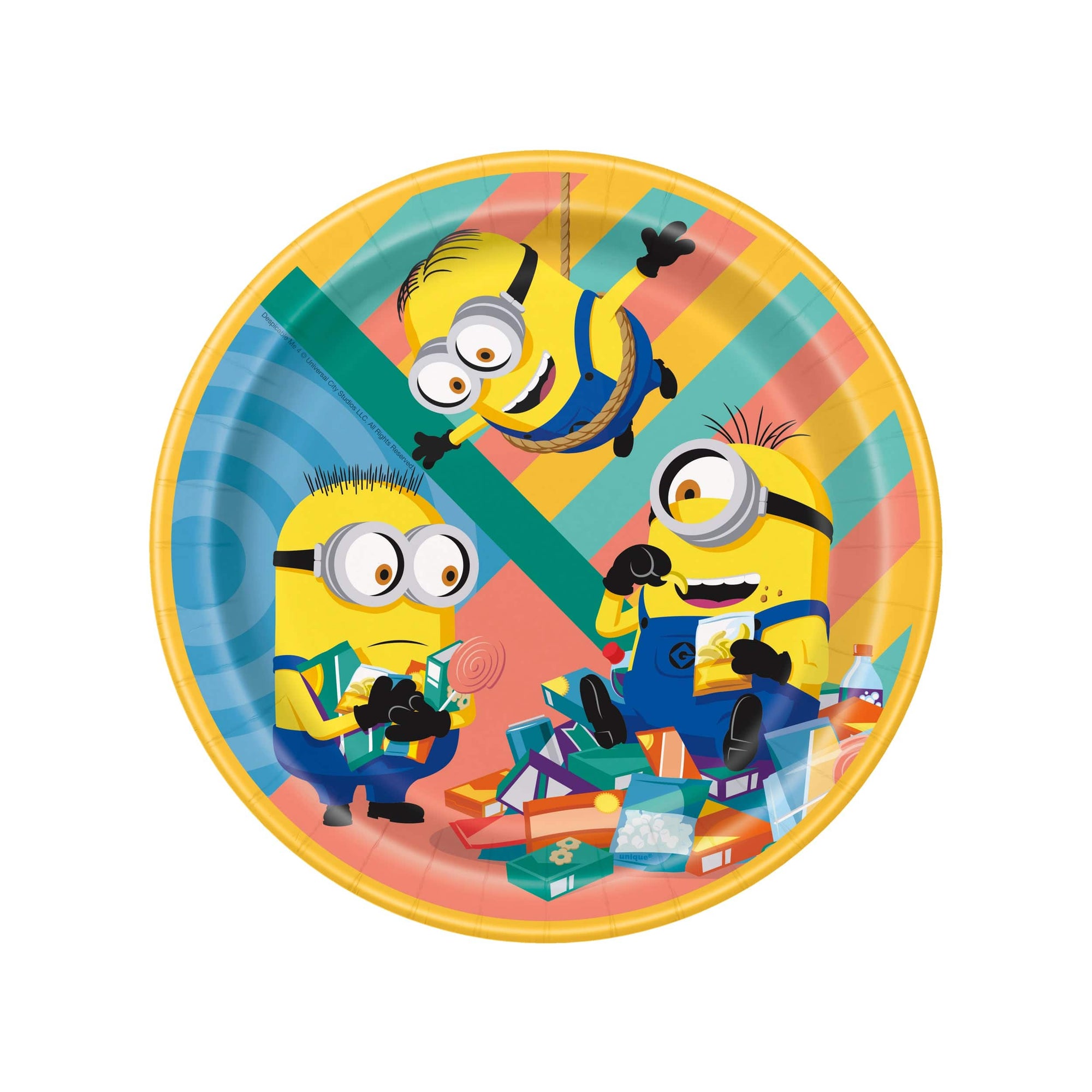 The Despicable Me Minion Party Plates - Large feature three playful Minions—one upside down and two snacking—amid boxes and treats on a vibrant striped background.