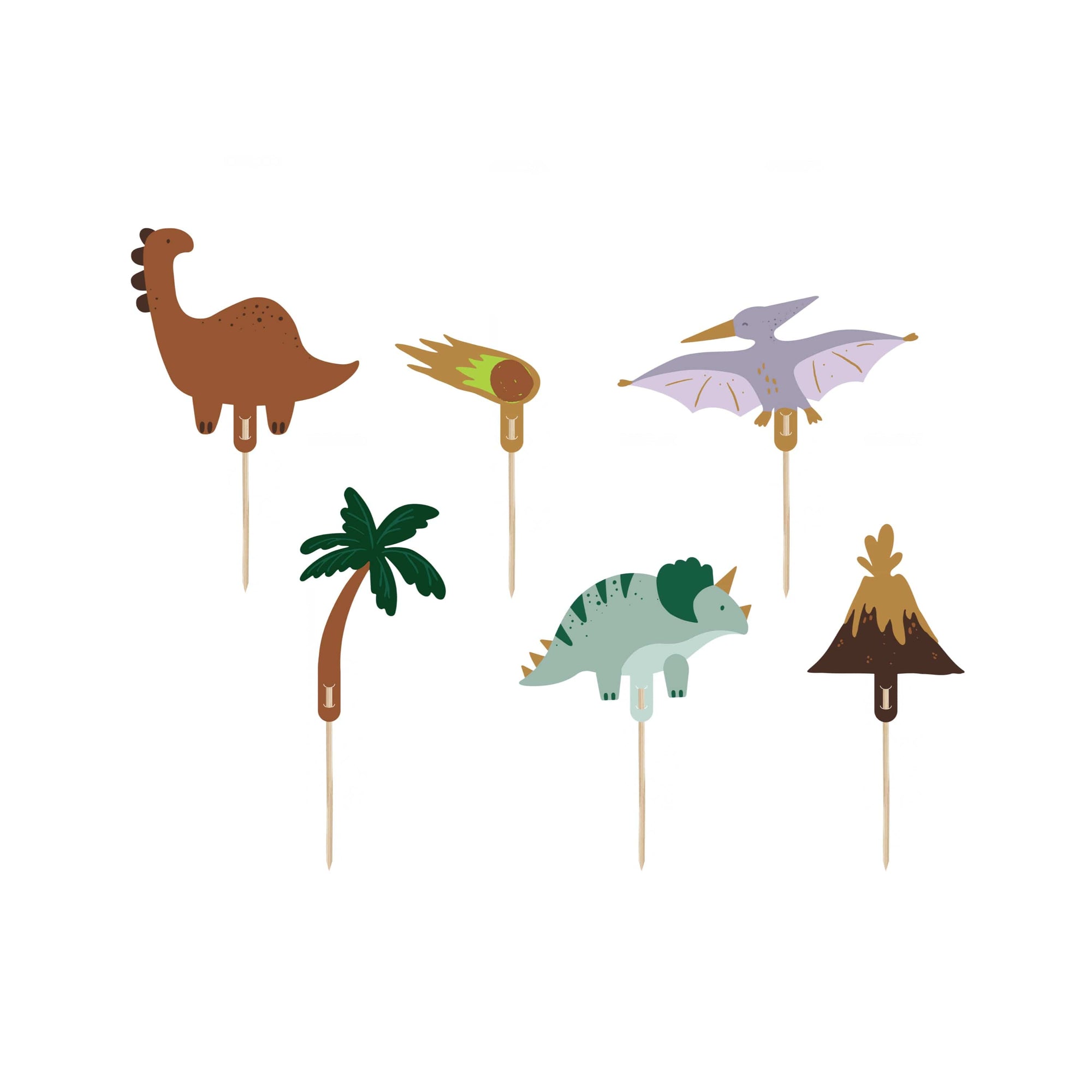 Set of dinosaur-themed cupcake toppers on sticks against a white background