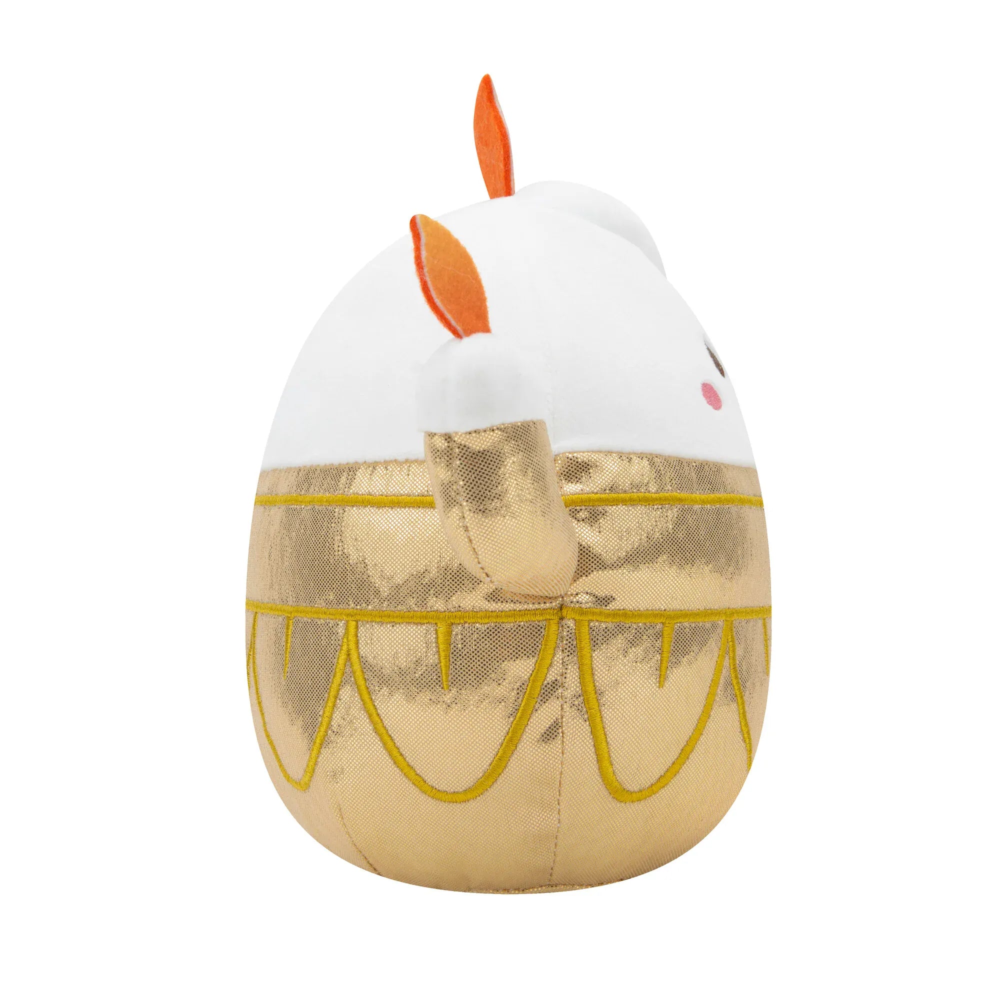 Disney Beauty and the Beast Lumiere stuffed plush side profile, white rounded head with gold metallic body and orange felt flame