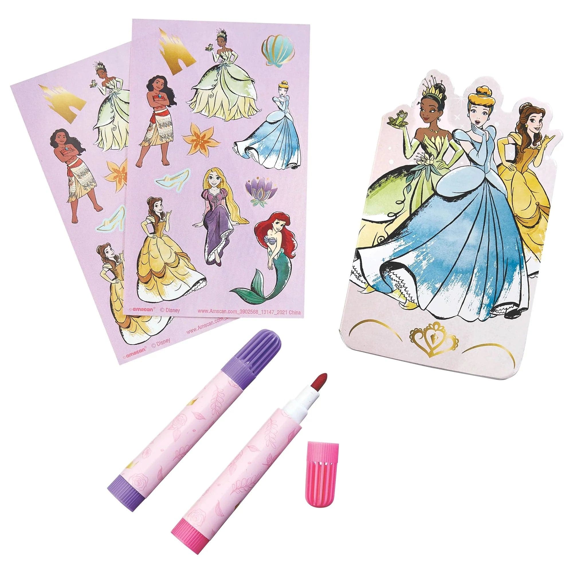 Disney Princess Stationery Set including a notebook with Disney Princess illustrations, two markers, and two sticker sheets with Disney characters like Cinderella, Tiana, and Belle.  Perfect for gifts, stocking stuffers, easter basket fillers, and party favours