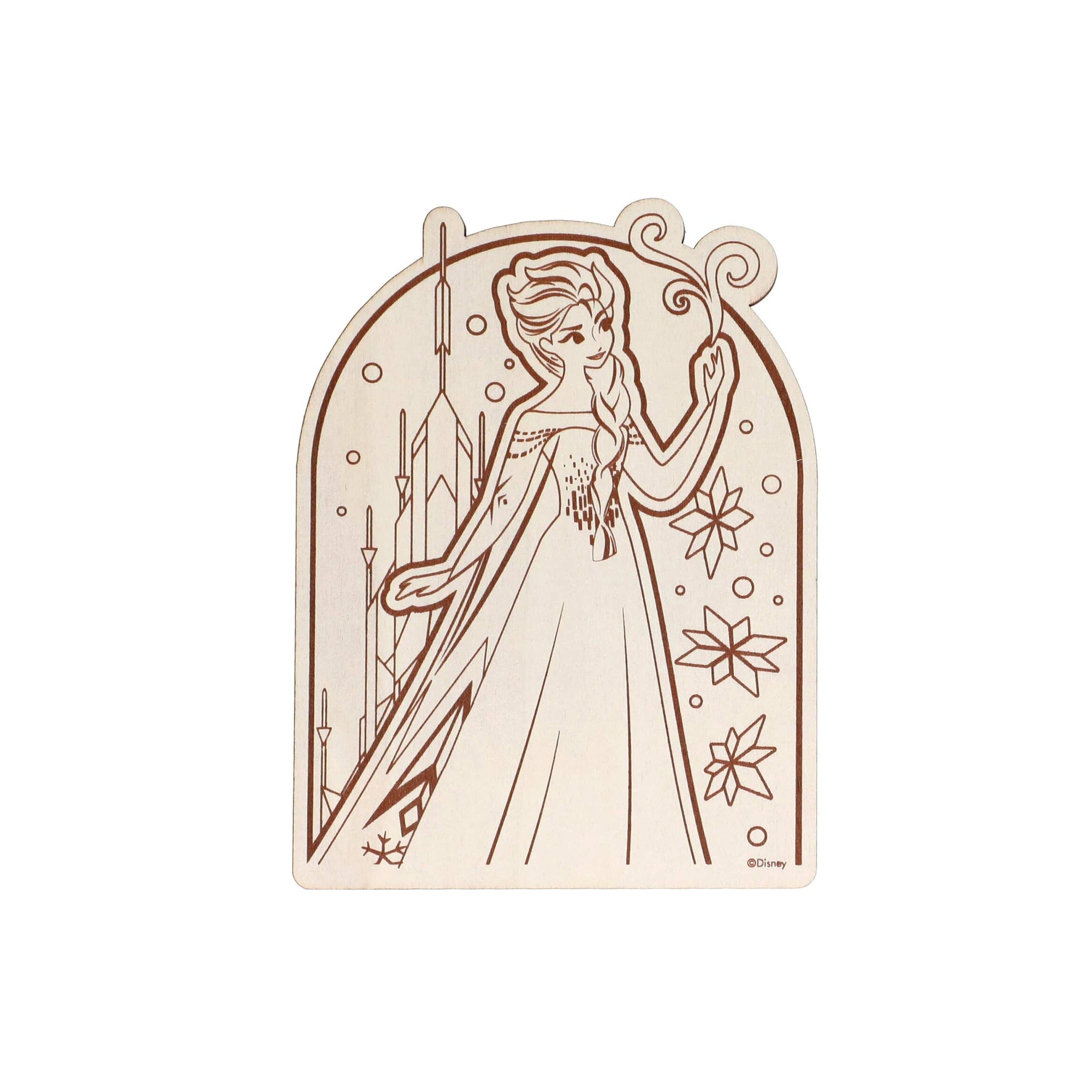 Wooden cutout of a Queen Elsa from Frozen in a decorative frame on a white background perfect for colouring painting party crafts or party decorations