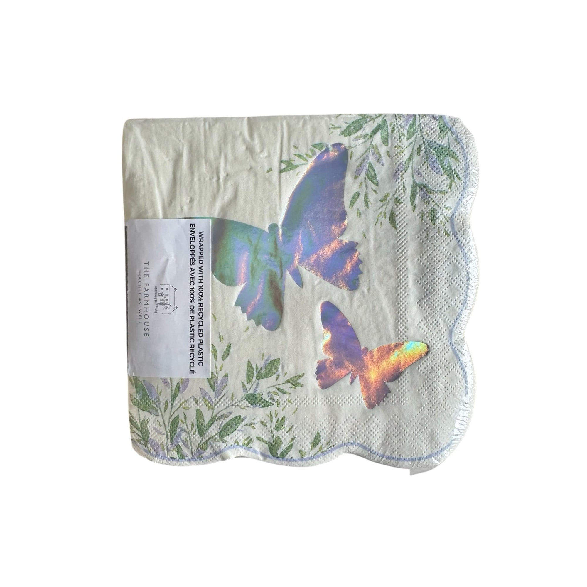 Holographic foil butterfly party napkins scalloped edge and botanical leaf pattern - premium party supplies for birthday baby shower wedding