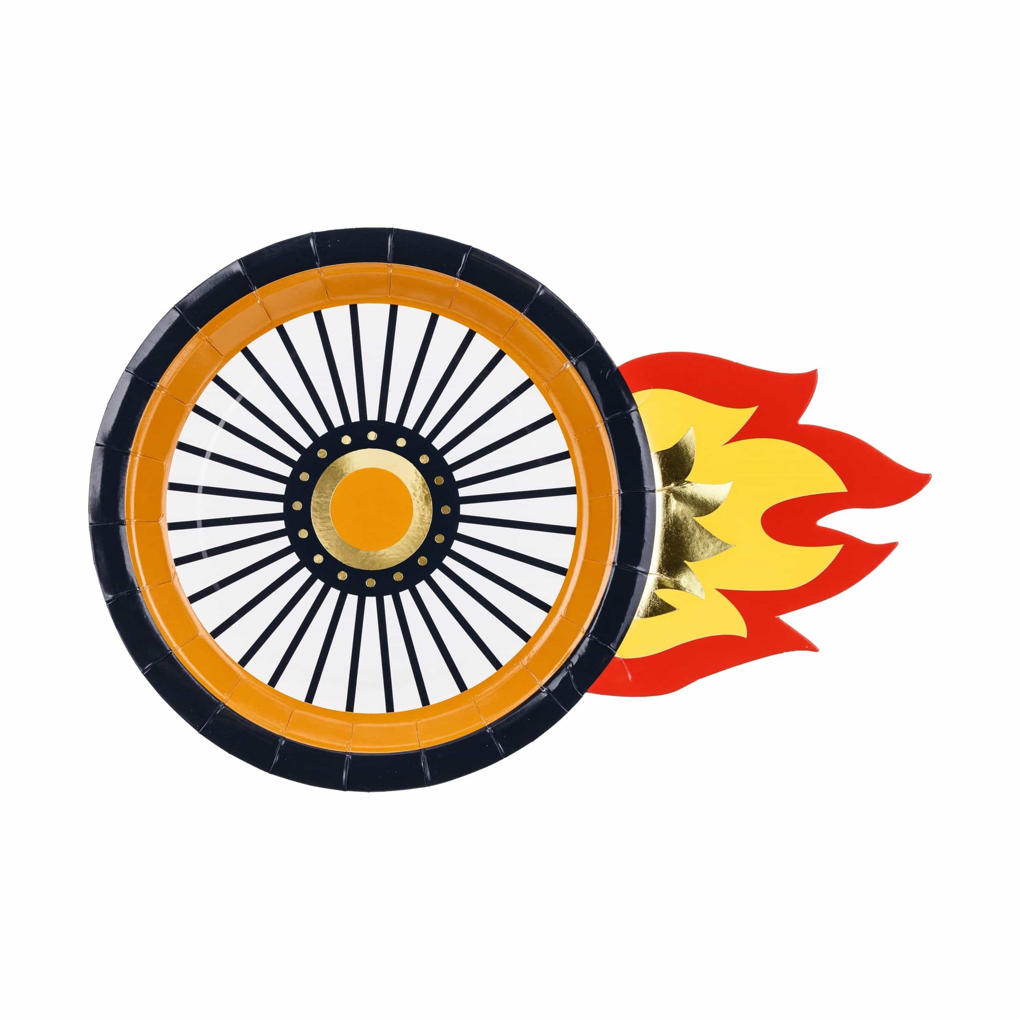 Racing car tire paper plate with flame design - speed wheel party plate with orange rim and fire flames for race car and hot wheels birthday party supplies