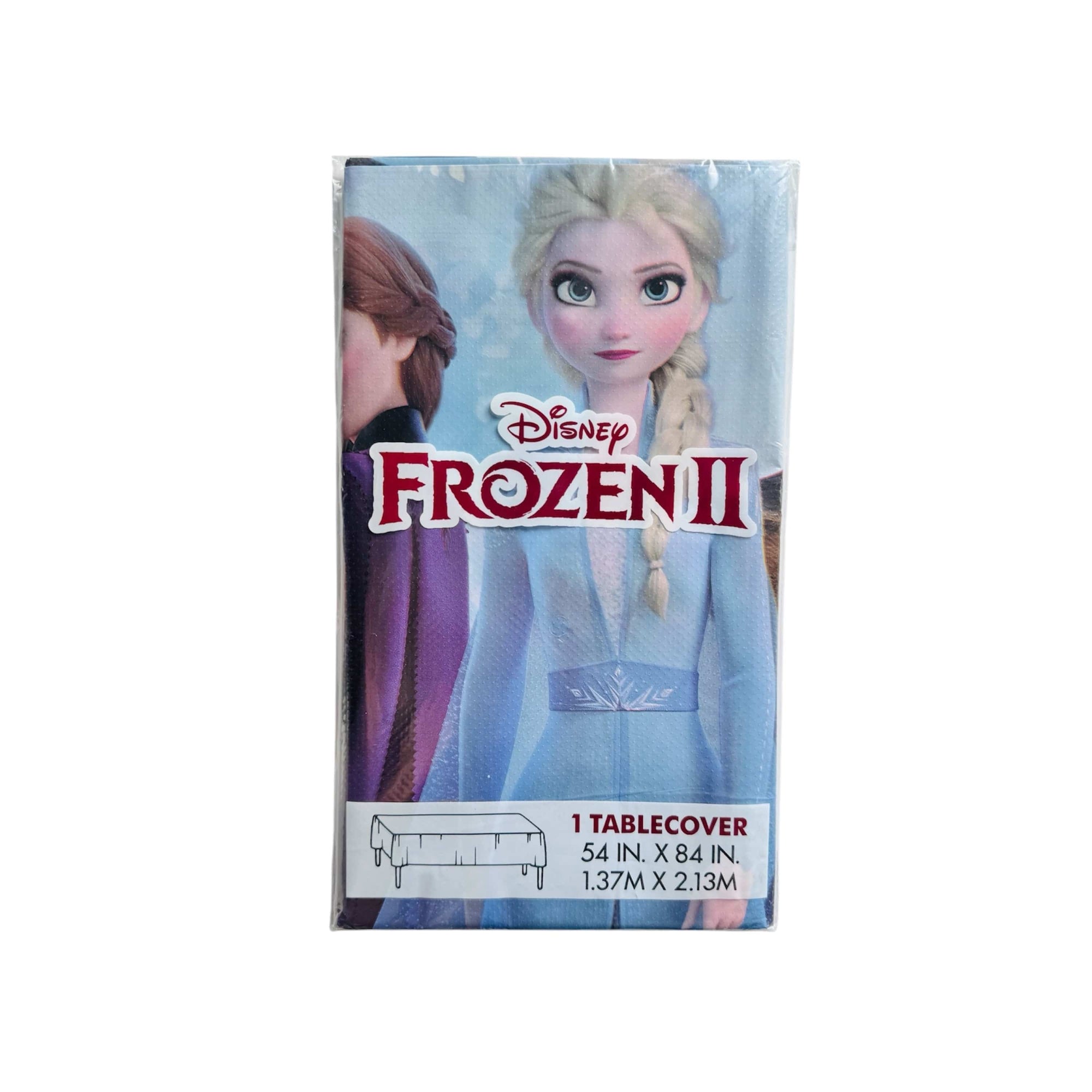 Disney Frozen II plastic table cover for party with Elsa, Anna, Sven, and Kristoff characters 