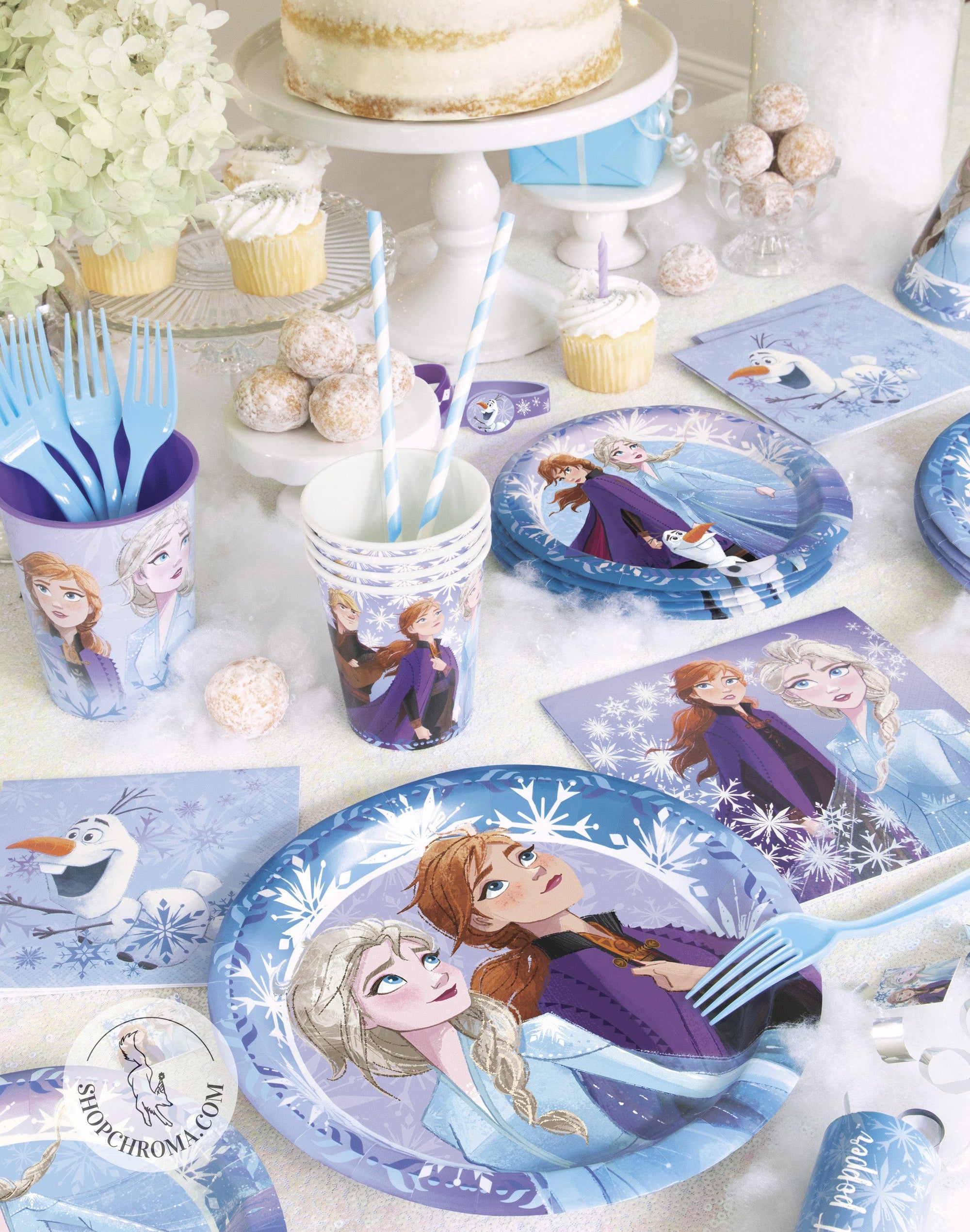 Frozen 2 winter birthday party supplies featuring Anna Elsa Olaf plates, cups, napkins, white layered cake and snowflake decorations for Disney princess theme party