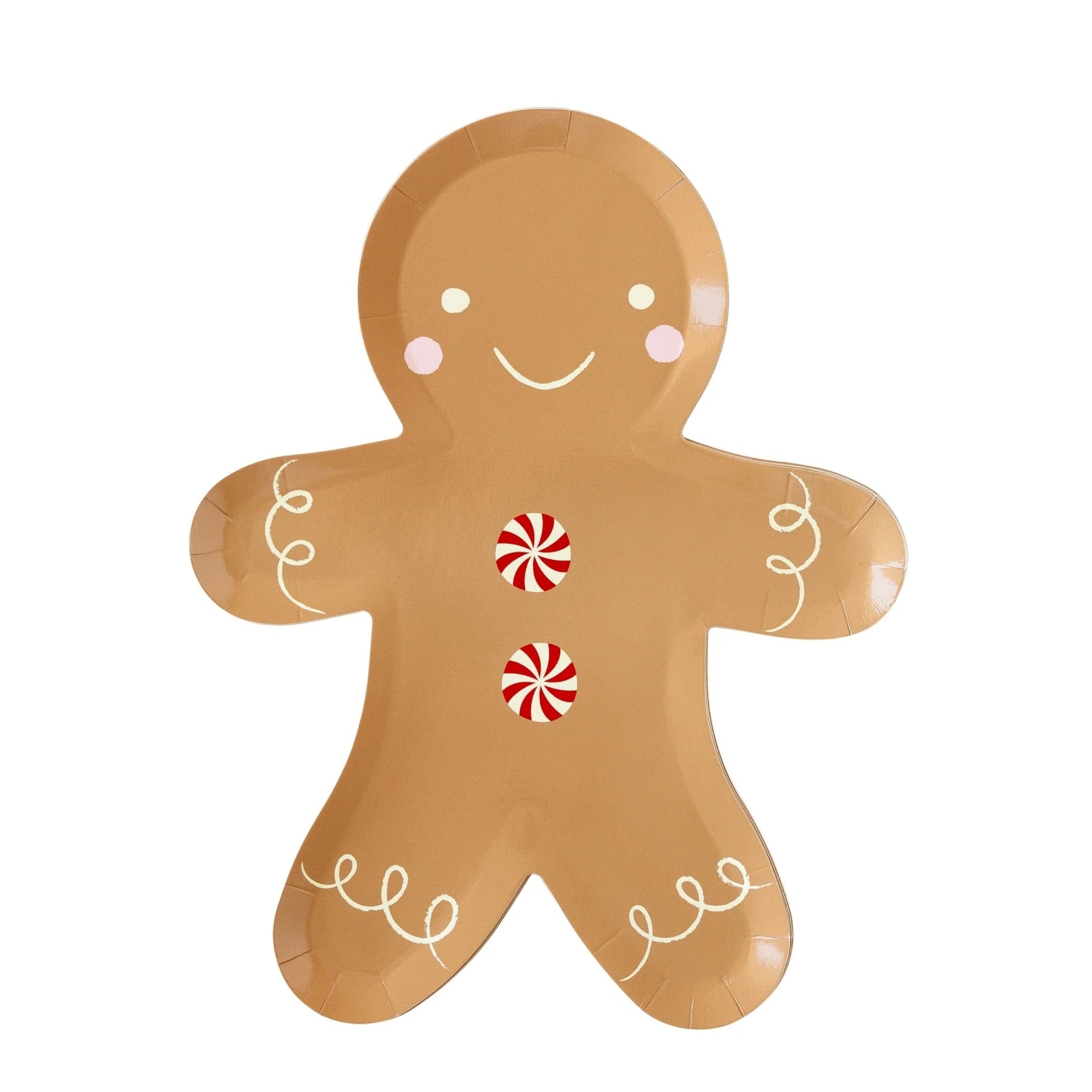 A paper plate designed to be shaped like a gingerbread man, with a smiling face, arms, and legs, decorated with Christmas-themed peppermint buttons