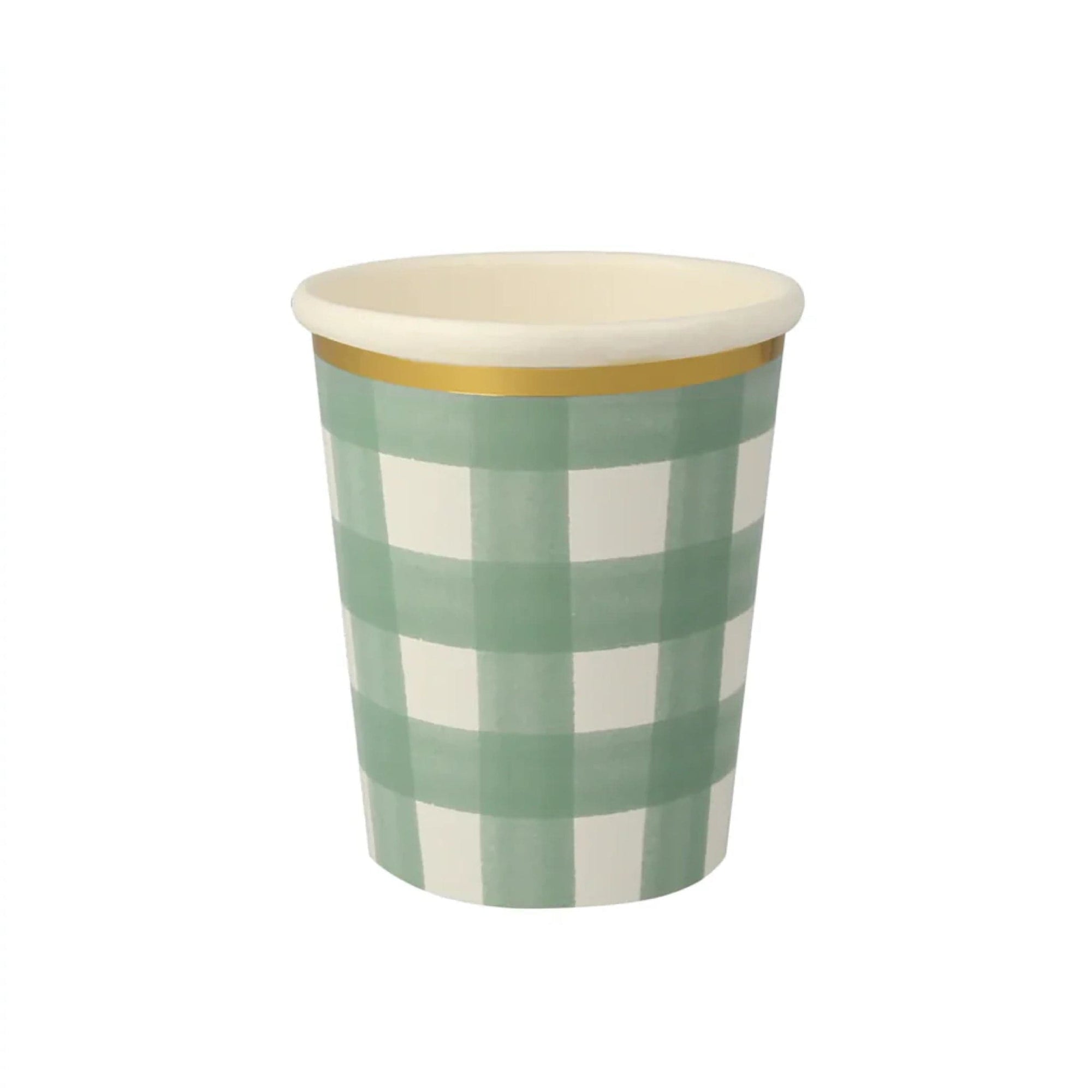Meri Meri paper cup with green and white buffalo checkered  gingham pattern on a white background