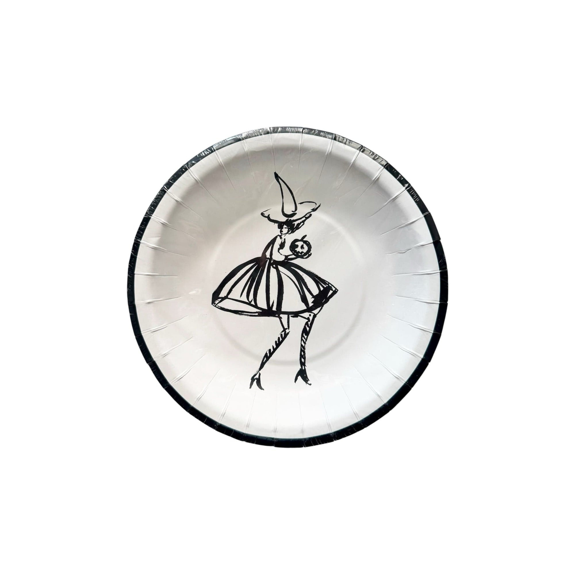 Vintage witch party plates black and white - retro Halloween disposable paper plates for spooky themed Halloween parties
