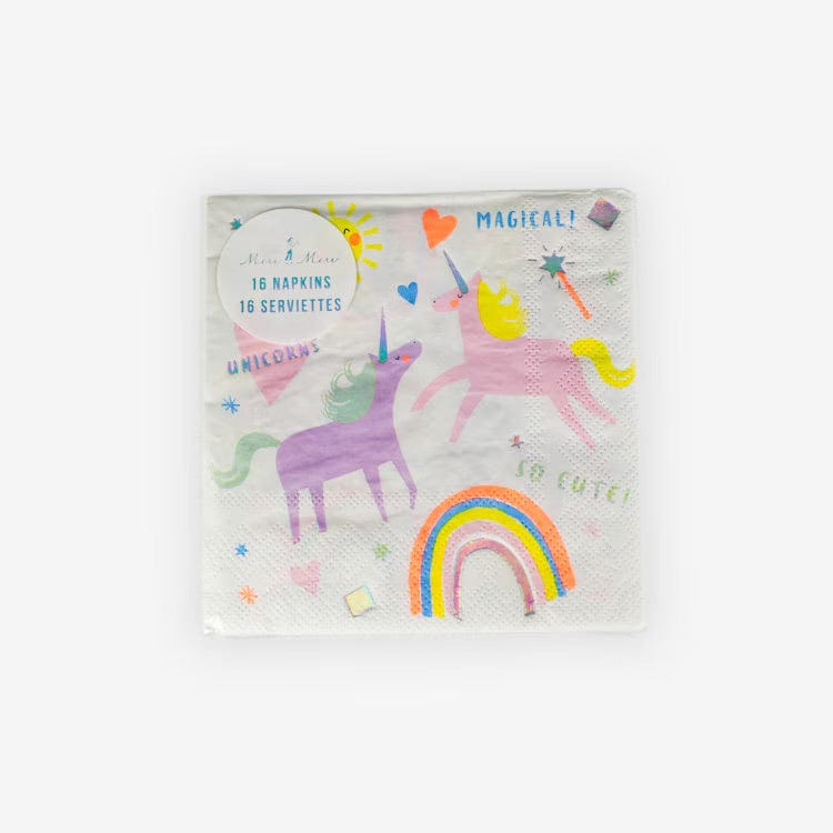Pack of unicorn-themed napkins with colorful designs on a white background