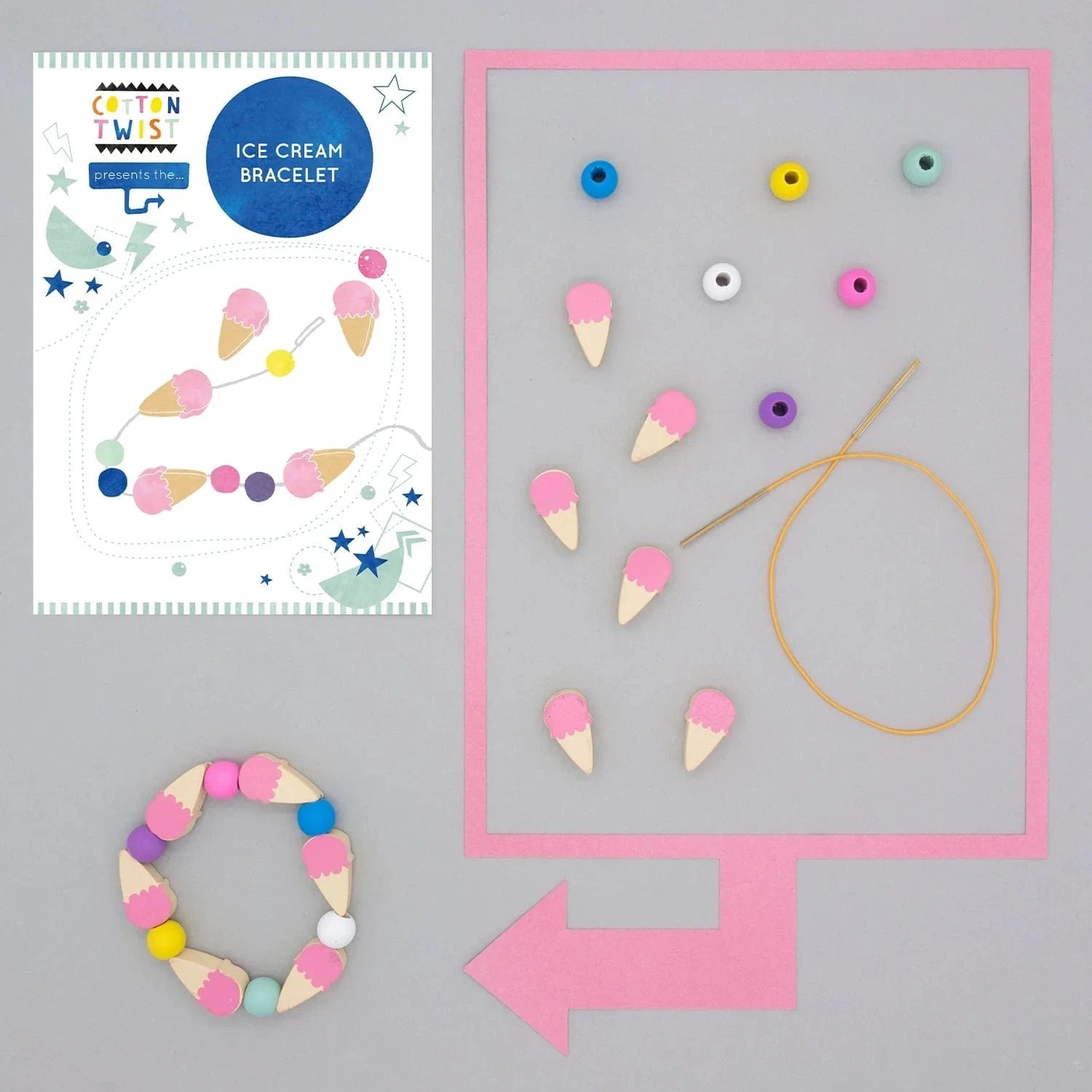 Cotton Twist ice cream bracelet craft kit contents laid out showing beads, elastic cord, and instruction booklet - complete DIY jewelry making set ideal for party activities, Easter basket filler, and creative gifts