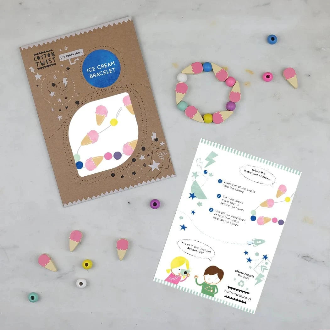 Cotton Twist ice cream bracelet beading kit with colourful beads, instructions, and craft supplies - perfect party favour, stocking stuffer, and kids DIY jewelry making activity for birthdays and gifts