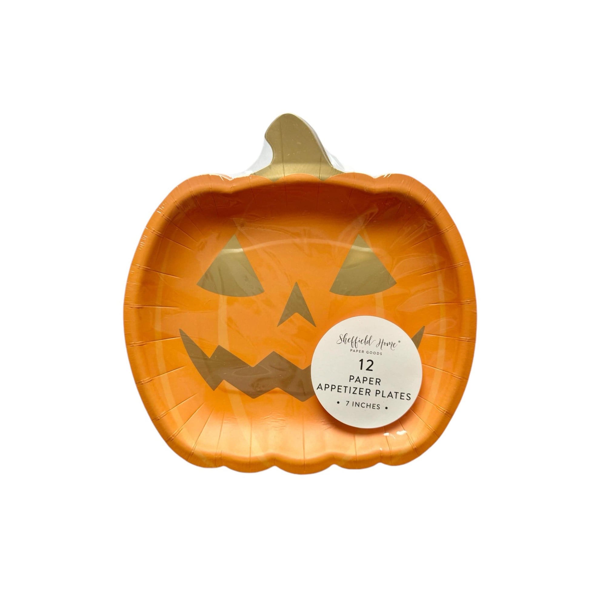 Pumpkin-shaped paper plate on a white background