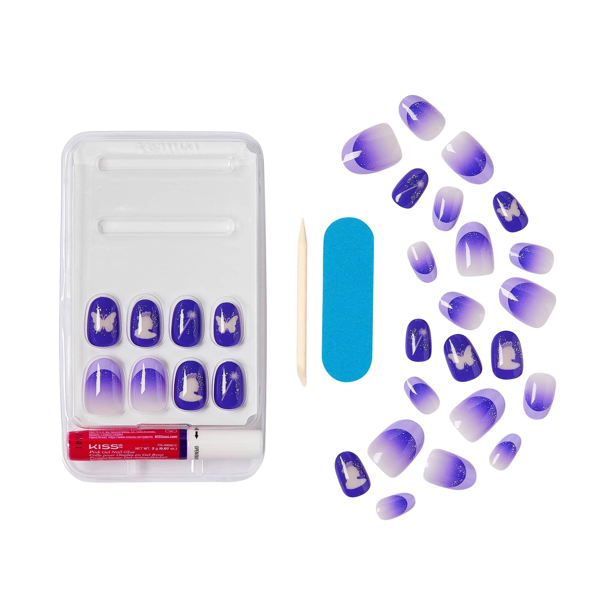 Complete contents of KISS x Wicked For Good Glow With Glinda press-on nail kit laid flat showing 28 purple themed nails in tray and loose, pink gel nail glue, mini file, and manicure stick, perfect for Wicked themed parties or gifts